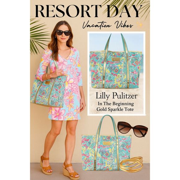 Lilly Pulitzer In The Beginning Gold Sparkle Tote Bag – Gold Sequin Trim - Picture 1 of 16